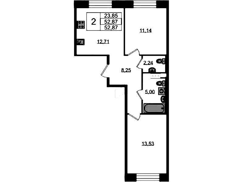2-комнатная квартира 52.87 м², 3/5 эт., ЖК «Plus Пулковский»